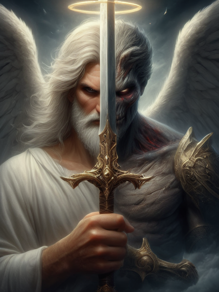 1498499646-2690703523-best quality,Masterpiece,8k,HDR,Person 1 holding sword infront of face,half of the face is angel 1,on the other half its monster.png